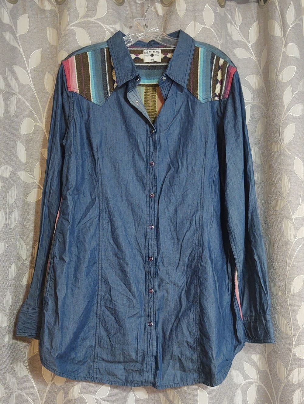 Crazy Train Blue Denim Button-Down Shirt with Multicolor Stripe Yoke size 2XL